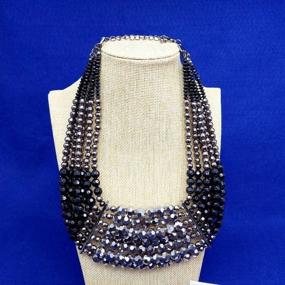 Necklace Bib Collar 7 Strand Multi-facet Beads Silver Black Fashion Jewelry 16" - Picture 1 of 7